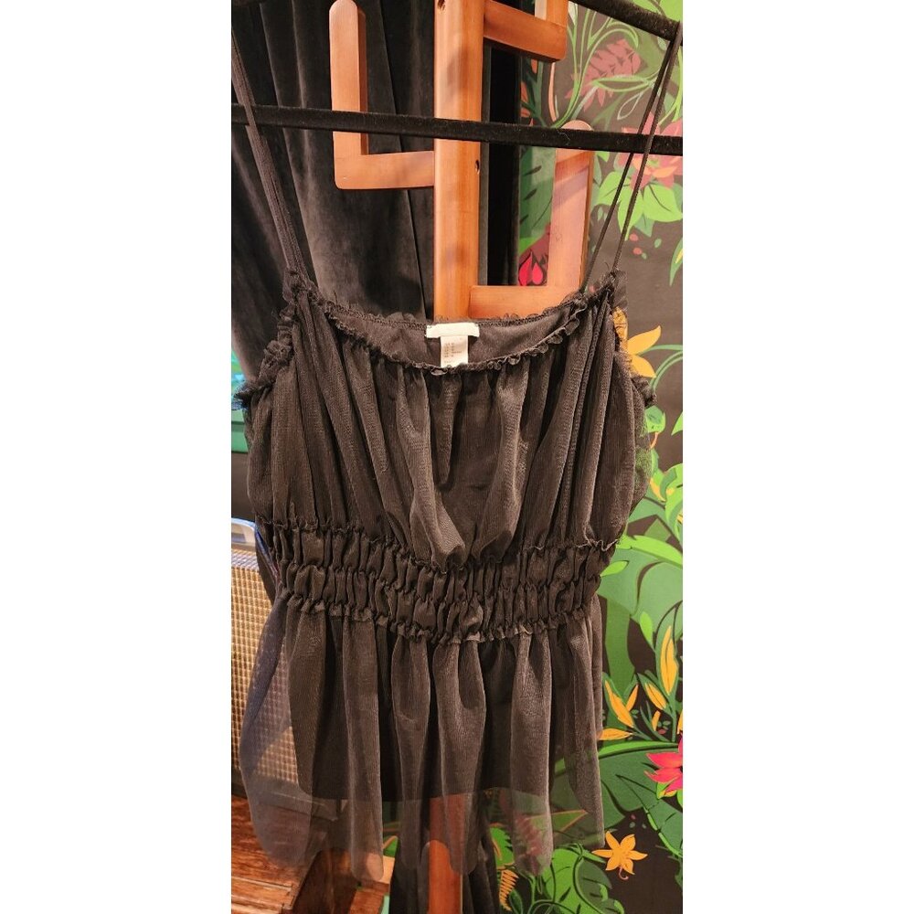 H&M Whimsigoth Black Mesh Peplum Top, Spaghetti Straps & Shirred Waist Medium